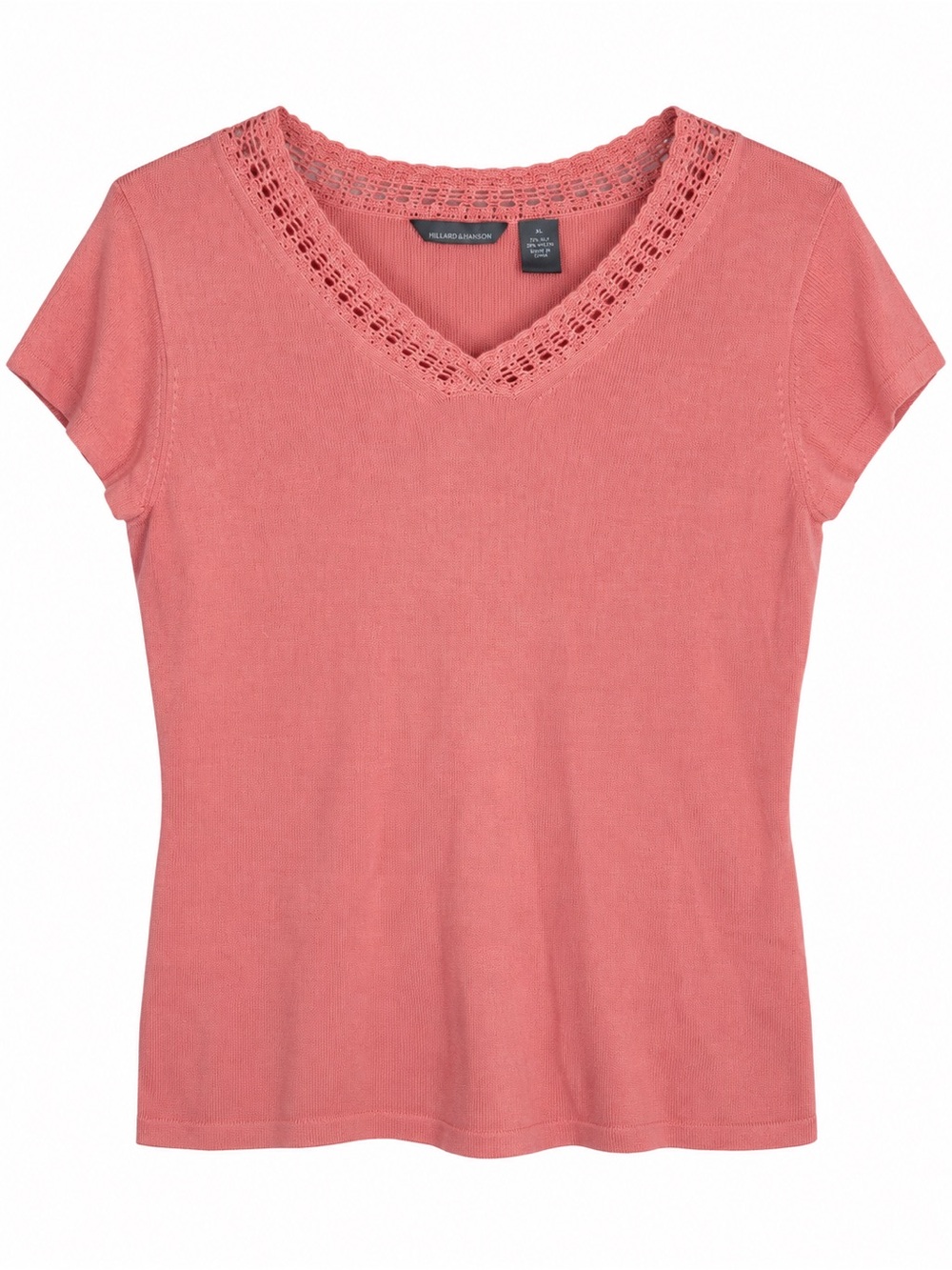 Hillard & Hanson XL Pink Silk Nylon Crochet V Neck Short Sleeve Sweater Top